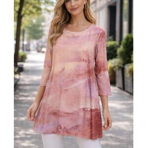 NEW Le Galeriste Womens Pink Yellow Watercolor Long Sleeve Tunic Large Abstract